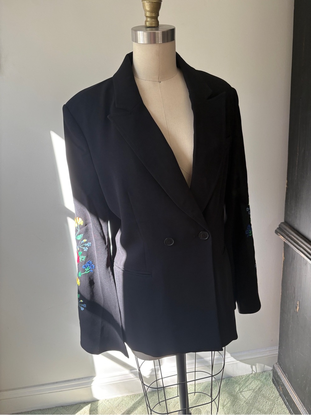 Juicy Couture Black Double-Breasted Blazer with Floral Sleeve Embroidery